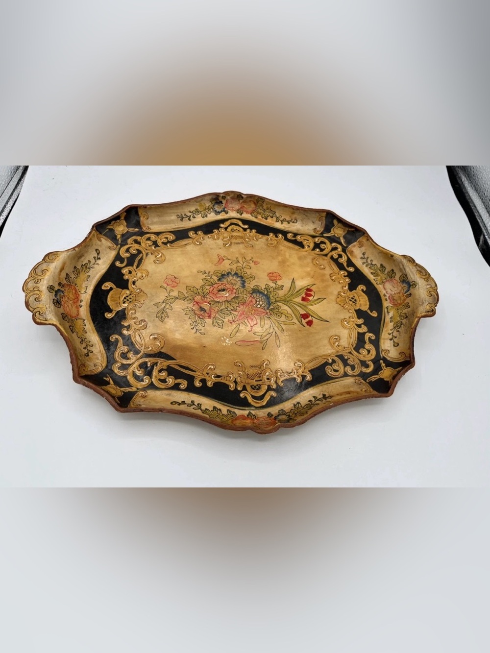 Vintage Hand-Painted Decorative Serving Tray - Floral Design, Black & Gold